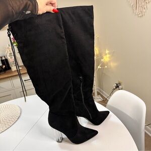 Shoe Dazzle Black Over the Knee Boots with Clear Block Heel